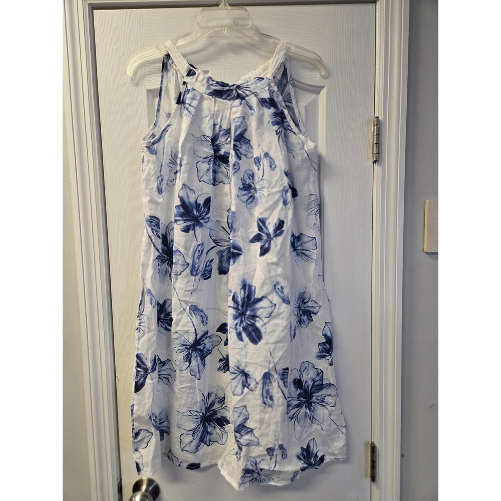 Bellambra Italy Blue Floral 100% Linen Shift Dress Small Resortwear Ciastal
